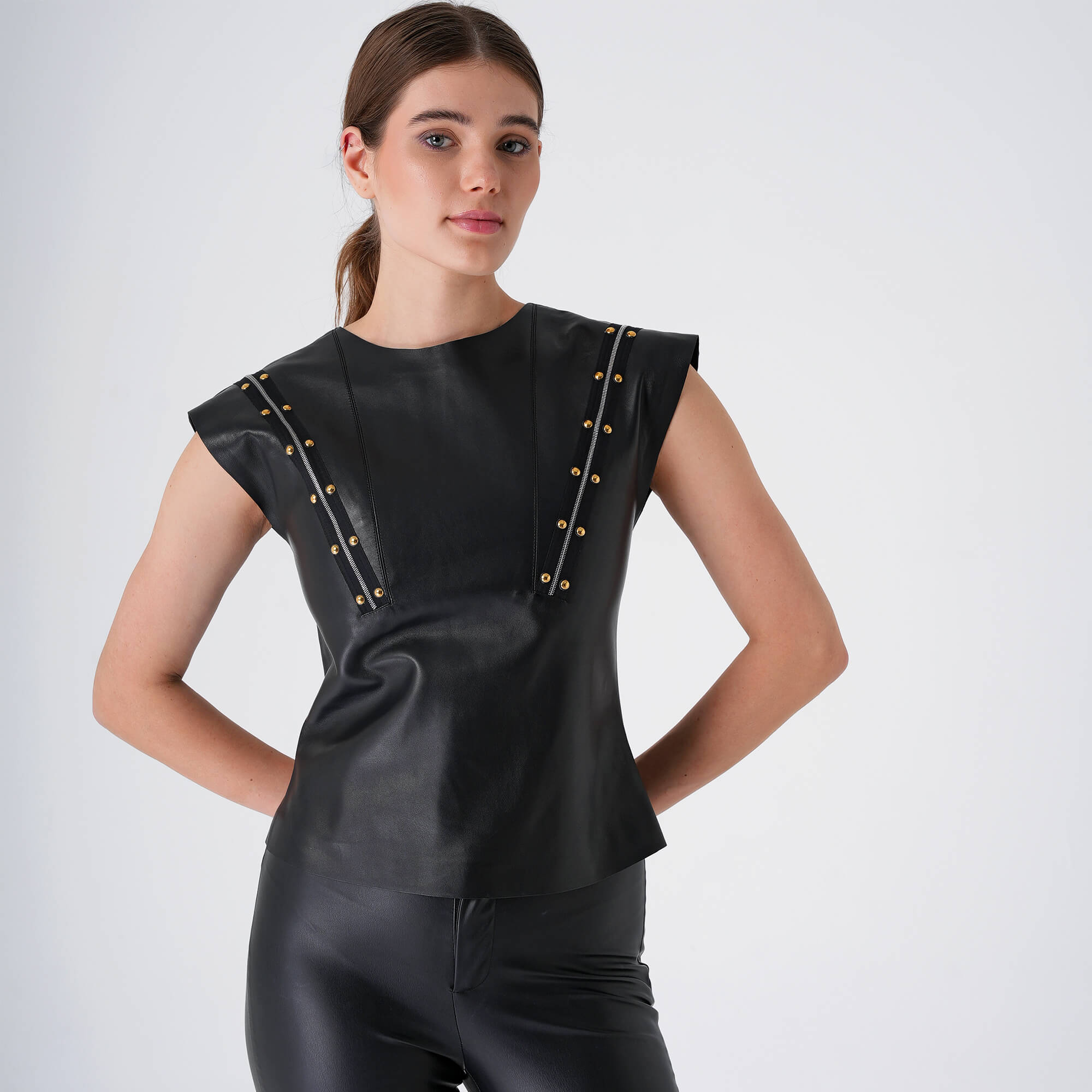 Louis Vuitton - Black Leather Sleeveless Blouses